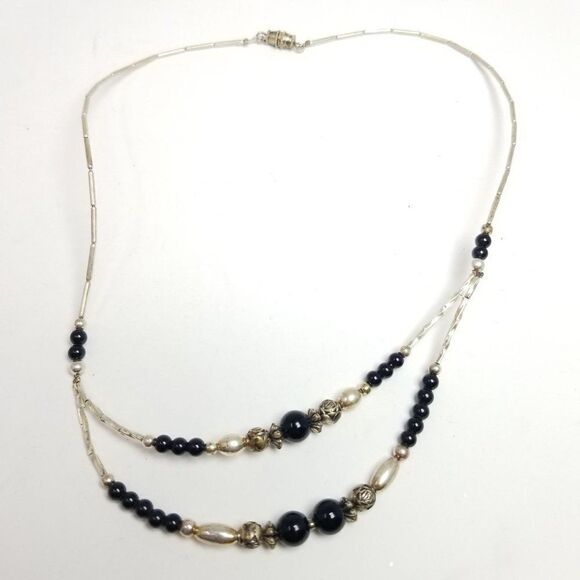 Vintage Beaded Necklace with Layered Front Design, Silver Tone and Black Beads - Picture 2 of 5